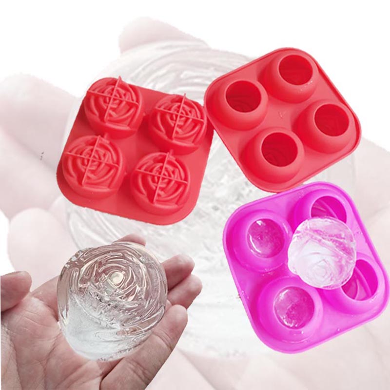 Silicon 3d trandafir cu trandafir mare tavă cu cuburi de gheață mare, face 4 gheață în formă de flori drăguță, cauciuc siliconic distractiv producător de bile de gheață mari pentru cocktail suc de whisky congelator bourbon, spălare de vase, trei culori